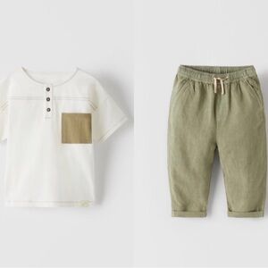 Zara Cream Henley Tee with Olive Green Pocket & Olive Jogger Set